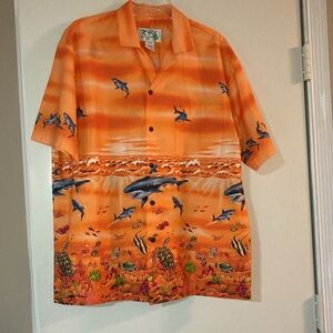 KY’S GREAT WHITE SHARK HAWAIIAN SHIRT SIZE LARGE - MADE IN HAWAII USA